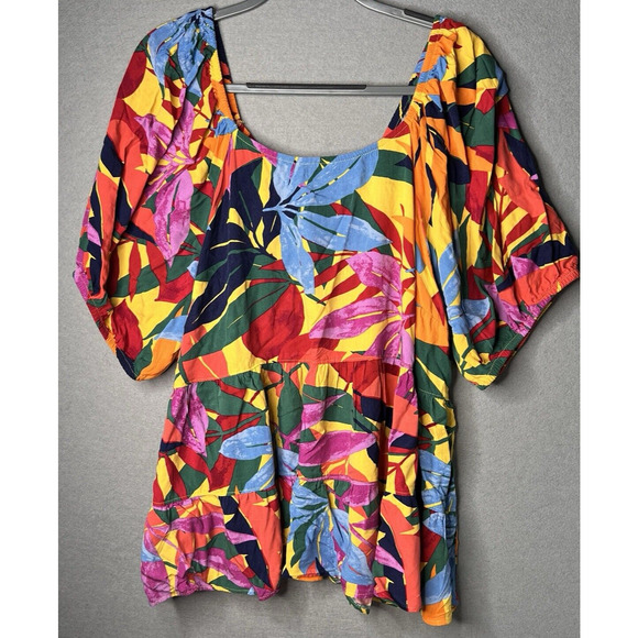 Terra & Sky Baby Doll Top Rayon Plus Sz 3X (24W 26W) Colorful Tunic Puff Sleeves - Picture 1 of 7